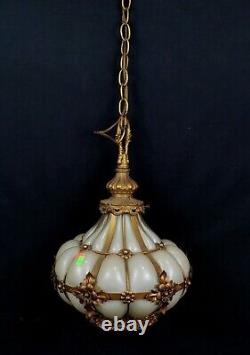 Murano Seguso Hand Blown Amber Brass Cage Ivory Glass Hanging Light Plug-in Lamp