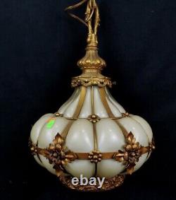 Murano Seguso Hand Blown Amber Brass Cage Ivory Glass Hanging Light Plug-in Lamp