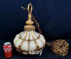 Murano Seguso Hand Blown Amber Brass Cage Ivory Glass Hanging Light Plug-in Lamp