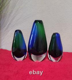 Murano Set (3) vases Hand Blown glass by Flavio Poli for Seguso Italy Blue/Green