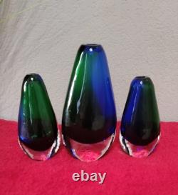 Murano Set (3) vases Hand Blown glass by Flavio Poli for Seguso Italy Blue/Green