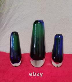 Murano Set (3) vases Hand Blown glass by Flavio Poli for Seguso Italy Blue/Green