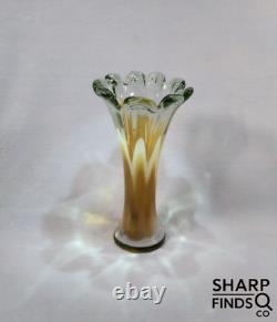 Murano Sommerso Art Glass Vase 11.5 Hand Blown Green Amber Fluted Petal Rim