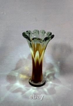 Murano Sommerso Art Glass Vase 11.5 Hand Blown Green Amber Fluted Petal Rim