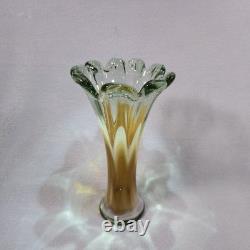 Murano Sommerso Art Glass Vase 11.5 Hand Blown Green Amber Fluted Petal Rim