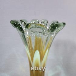 Murano Sommerso Art Glass Vase 11.5 Hand Blown Green Amber Fluted Petal Rim