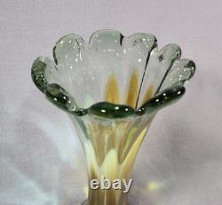 Murano Sommerso Art Glass Vase 11.5 Hand Blown Green Amber Fluted Petal Rim