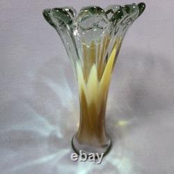 Murano Sommerso Art Glass Vase 11.5 Hand Blown Green Amber Fluted Petal Rim
