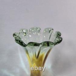 Murano Sommerso Art Glass Vase 11.5 Hand Blown Green Amber Fluted Petal Rim