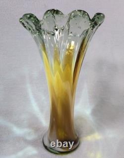 Murano Sommerso Art Glass Vase 11.5 Hand Blown Green Amber Fluted Petal Rim