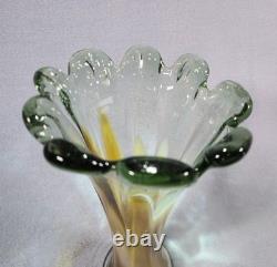 Murano Sommerso Art Glass Vase 11.5 Hand Blown Green Amber Fluted Petal Rim