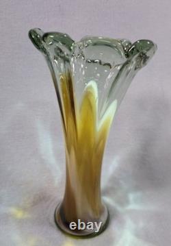 Murano Sommerso Art Glass Vase 11.5 Hand Blown Green Amber Fluted Petal Rim