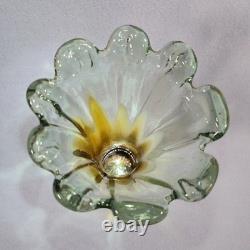 Murano Sommerso Art Glass Vase 11.5 Hand Blown Green Amber Fluted Petal Rim
