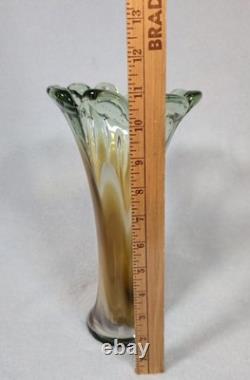 Murano Sommerso Art Glass Vase 11.5 Hand Blown Green Amber Fluted Petal Rim