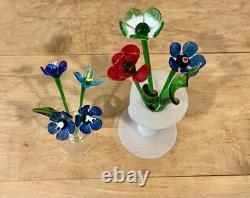 Murano Style Art Glass Hand Blown Flowers & Grass Leaves With Vases