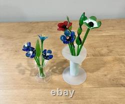 Murano Style Art Glass Hand Blown Flowers & Grass Leaves With Vases