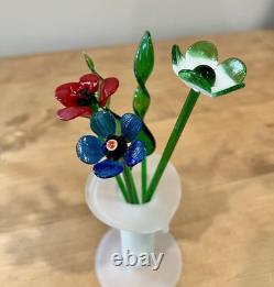 Murano Style Art Glass Hand Blown Flowers & Grass Leaves With Vases