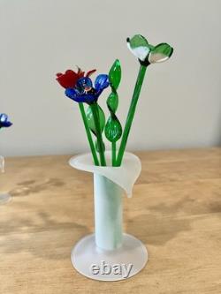 Murano Style Art Glass Hand Blown Flowers & Grass Leaves With Vases