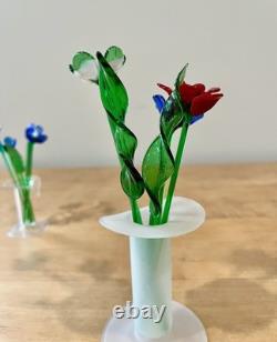 Murano Style Art Glass Hand Blown Flowers & Grass Leaves With Vases