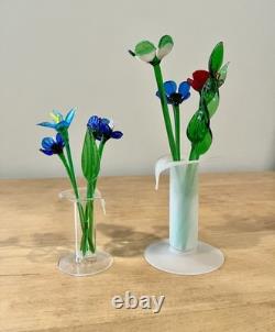 Murano Style Art Glass Hand Blown Flowers & Grass Leaves With Vases