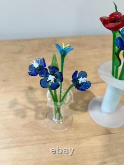 Murano Style Art Glass Hand Blown Flowers & Grass Leaves With Vases