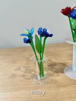 Murano Style Art Glass Hand Blown Flowers & Grass Leaves With Vases