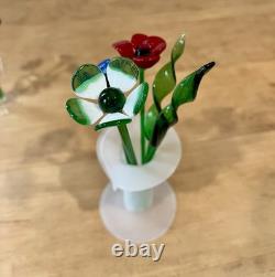 Murano Style Art Glass Hand Blown Flowers & Grass Leaves With Vases