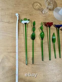 Murano Style Art Glass Hand Blown Flowers & Grass Leaves With Vases