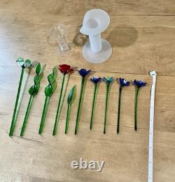 Murano Style Art Glass Hand Blown Flowers & Grass Leaves With Vases