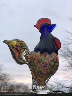 Murano Style Art Glass Rooster Chicken Figurine 7 Tall Colorful