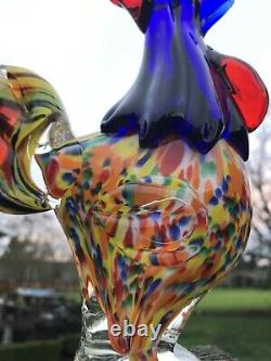 Murano Style Art Glass Rooster Chicken Figurine 7 Tall Colorful