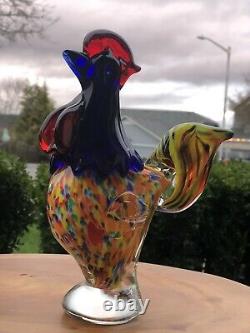 Murano Style Art Glass Rooster Chicken Figurine 7 Tall Colorful