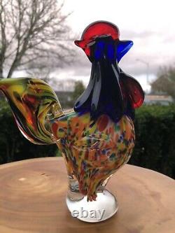 Murano Style Art Glass Rooster Chicken Figurine 7 Tall Colorful