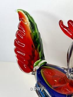 Murano Style Art Glass Rooster Figurine 11 Tall Multicolor Hand Blown Sculpture