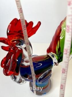 Murano Style Art Glass Rooster Figurine 11 Tall Multicolor Hand Blown Sculpture
