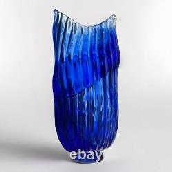 Murano Style Cobalt Blue Ribbon Art Glass Vase- Freeform Hand-Blown Minor flaw