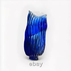 Murano Style Cobalt Blue Ribbon Art Glass Vase- Freeform Hand-Blown Minor flaw