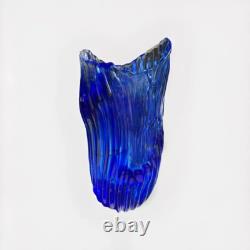 Murano Style Cobalt Blue Ribbon Art Glass Vase- Freeform Hand-Blown Minor flaw