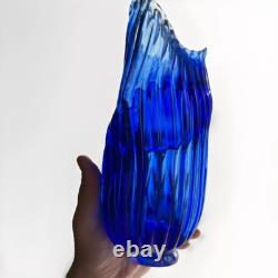 Murano Style Cobalt Blue Ribbon Art Glass Vase- Freeform Hand-Blown Minor flaw