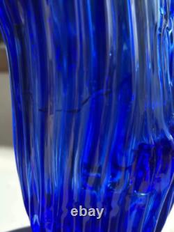 Murano Style Cobalt Blue Ribbon Art Glass Vase- Freeform Hand-Blown Minor flaw