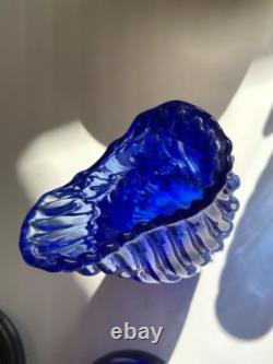 Murano Style Cobalt Blue Ribbon Art Glass Vase- Freeform Hand-Blown Minor flaw