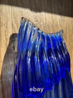 Murano Style Cobalt Blue Ribbon Art Glass Vase- Freeform Hand-Blown Minor flaw