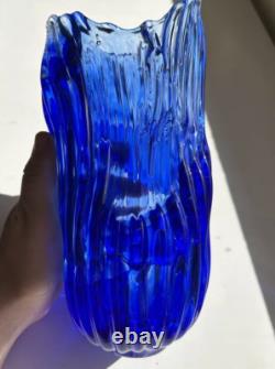 Murano Style Cobalt Blue Ribbon Art Glass Vase- Freeform Hand-Blown Minor flaw