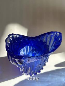 Murano Style Cobalt Blue Ribbon Art Glass Vase- Freeform Hand-Blown Minor flaw