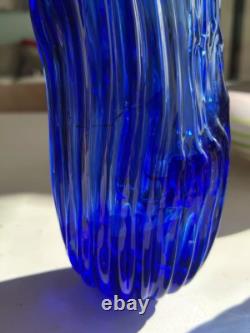 Murano Style Cobalt Blue Ribbon Art Glass Vase- Freeform Hand-Blown Minor flaw