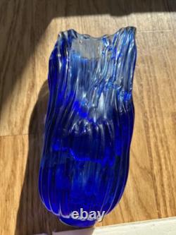 Murano Style Cobalt Blue Ribbon Art Glass Vase- Freeform Hand-Blown Minor flaw