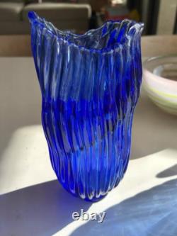 Murano Style Cobalt Blue Ribbon Art Glass Vase- Freeform Hand-Blown Minor flaw