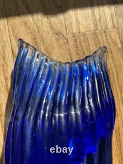 Murano Style Cobalt Blue Ribbon Art Glass Vase- Freeform Hand-Blown Minor flaw