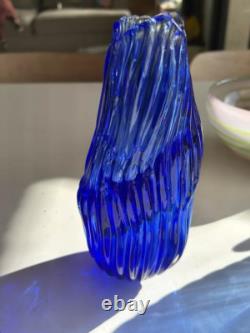 Murano Style Cobalt Blue Ribbon Art Glass Vase- Freeform Hand-Blown Minor flaw