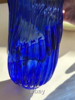 Murano Style Cobalt Blue Ribbon Art Glass Vase- Freeform Hand-Blown Minor flaw